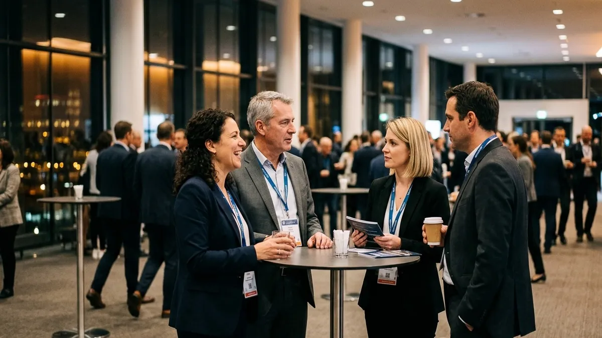 Group of business professionals networking at a virtual event, seen from the side