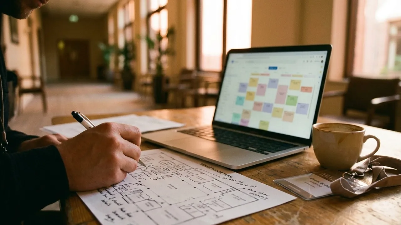 Close-up of a hand annotating a printed venue floor plan beside a laptop showing a colourful scheduling calendar, in warm evening light before the event opens
