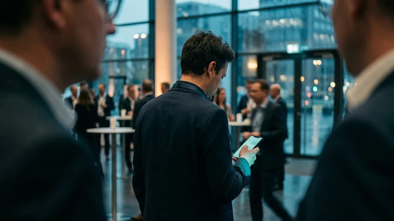 Attendee checking a smartphone in a busy conference foyer in the evening, seen through blurred people in the foreground