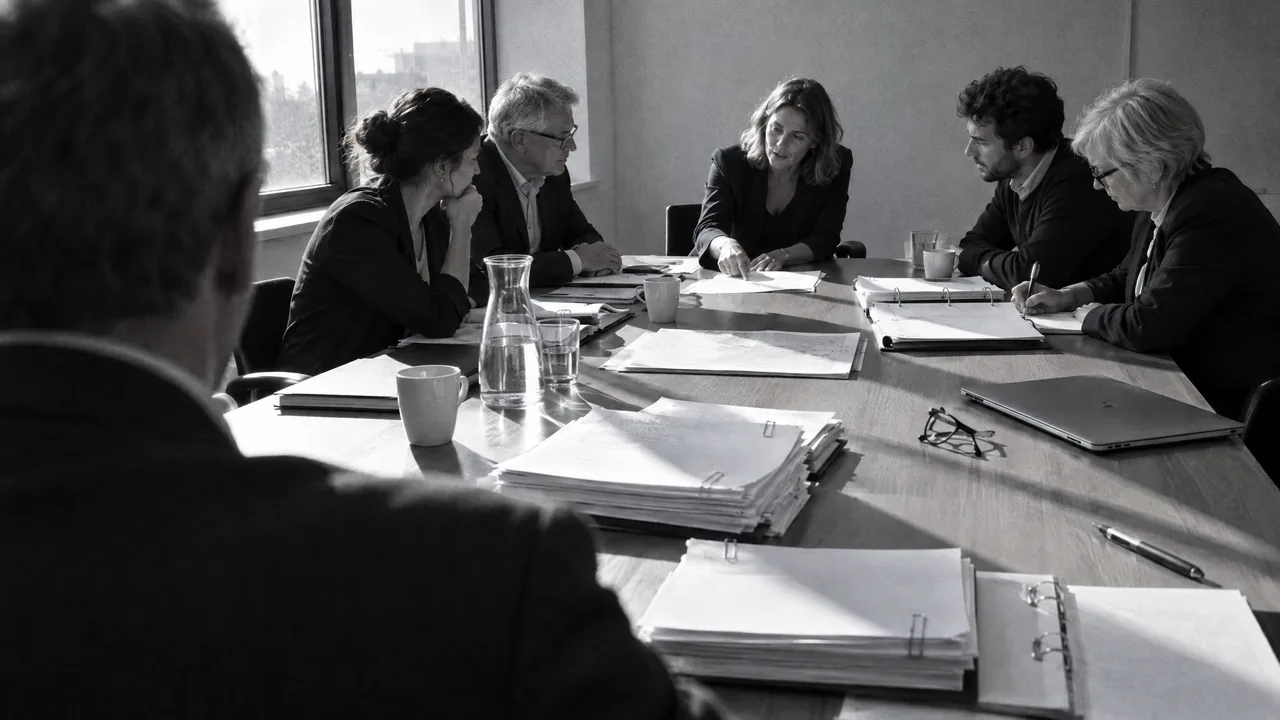 Black-and-white over-the-shoulder view of an association event committee around a long table with paper stacks, binders and coffee cups in hard window light