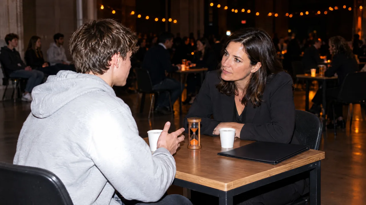 Ausbilderin und Bewerber im Zehn-Minuten-Gespräch an einem kleinen Tisch mit Sanduhr, im Hintergrund weitere Gesprächstische in einer abendlich beleuchteten Halle
