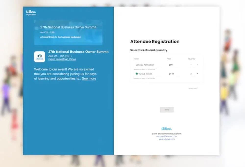whova registration flow for national business owner summit