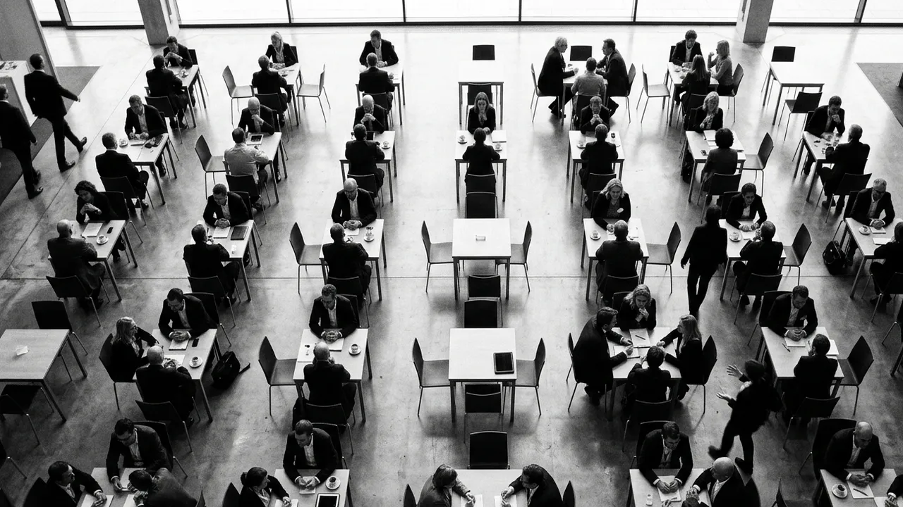 Black-and-white view from a gallery onto a trade fair meeting area: rows of small square tables where pairs of business people in dark suits hold one-to-one meetings over notepads and coffee cups, a few tables empty, people walking along the aisles, hard window light casting long shadows on the concrete floor.