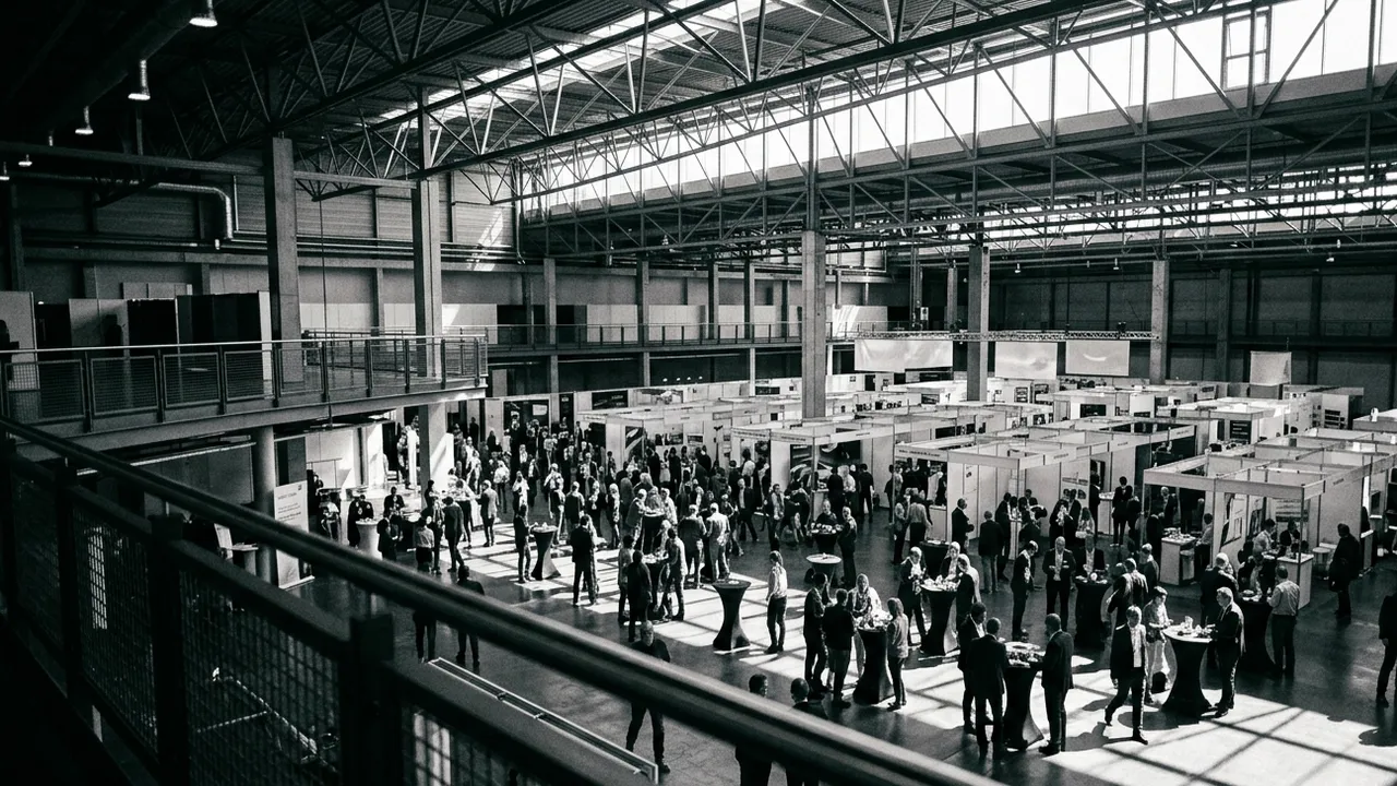 High contrast monochrome view from a mezzanine balcony over a busy exhibition hall, crowds of attendees gathered around stand-up tables between booth rows during a networking break