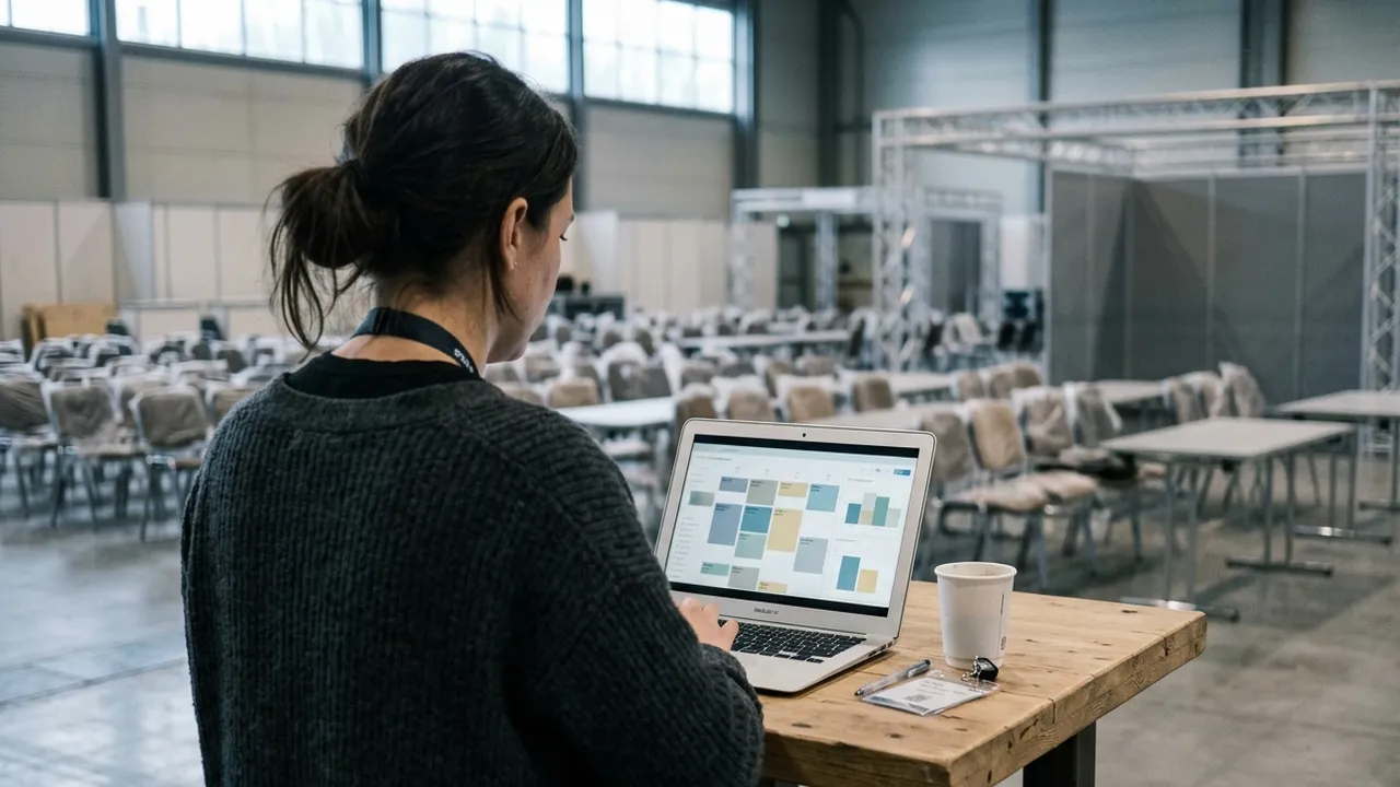 Over-the-shoulder view of an event organiser at a laptop with an abstract scheduling dashboard, standing in an empty exhibition hall before opening