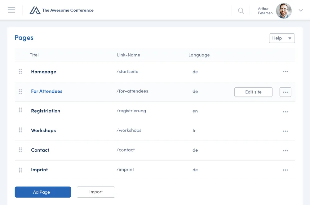 Converve admin interface showing the Pages management panel with multilingual page entries (DE, EN, FR) and inline edit controls.