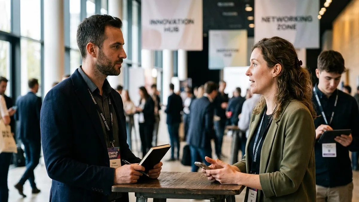 Two founders in conversation at a high table at a startup conference, lanyards visible, warm hall lighting.