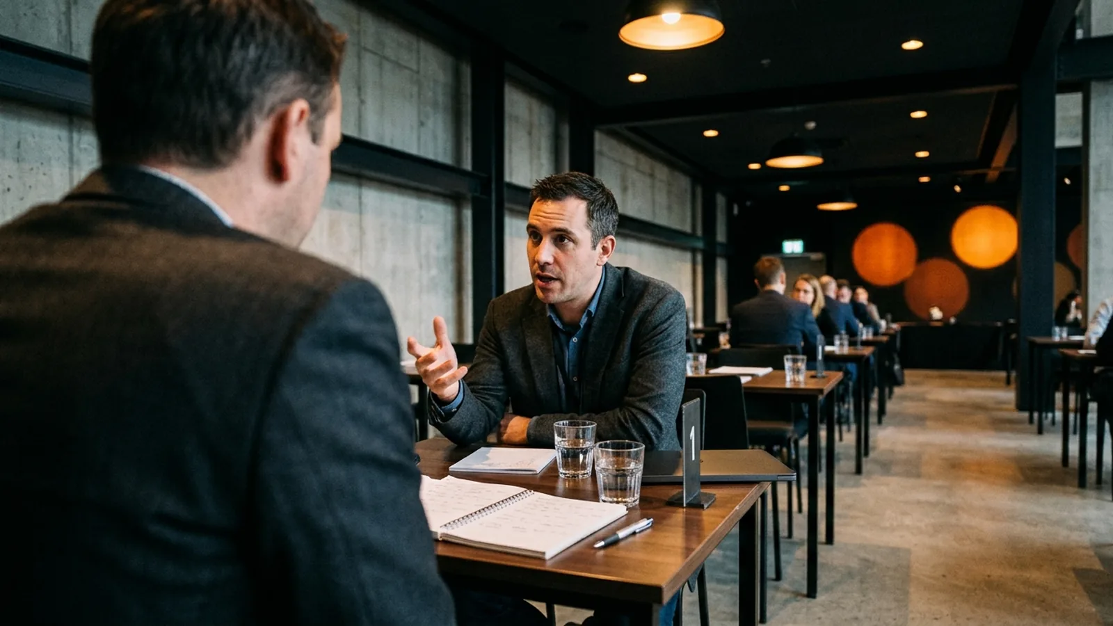 Blick über die Schulter auf ein terminiertes Investoren-Meeting an einem nummerierten Tisch im Konferenzbereich, das Gegenüber mitten im Satz mit offenem Notizbuch, dahinter weitere Meetingtische im Dunkeln