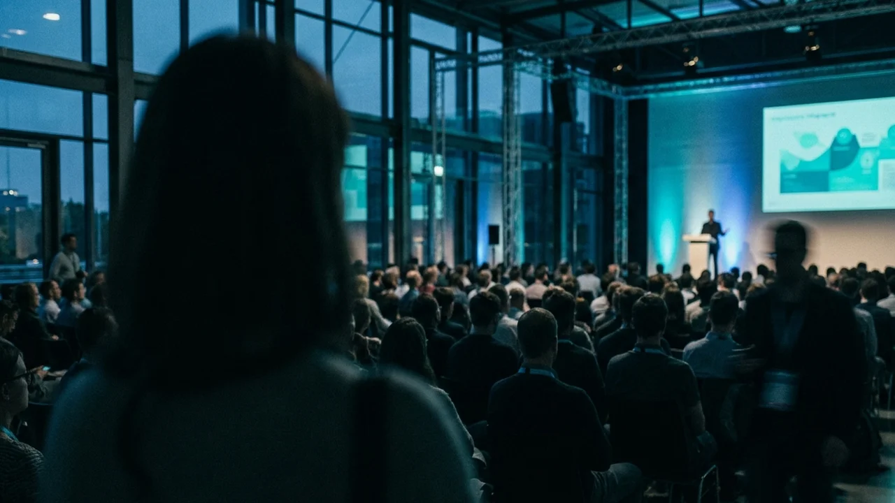 Over-the-shoulder view across a packed startup conference auditorium toward a distant stage, cool blue evening lighting, audience silhouettes filling the hall.