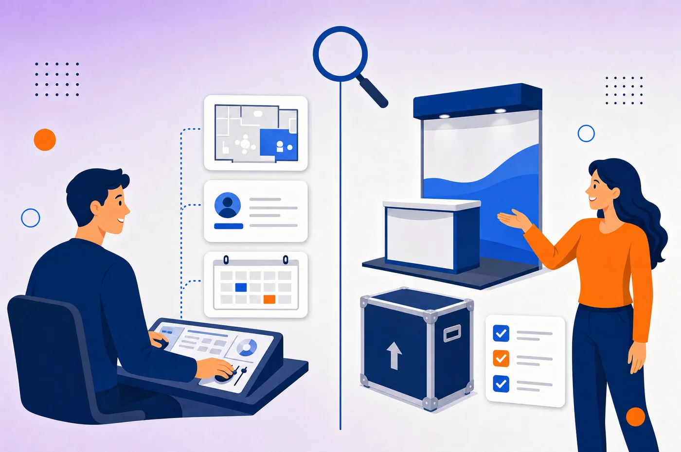 The organiser side and the exhibitor side of trade show software: an organiser at a control desk with floor plan, badge and calendar cards on the left, an exhibitor with booth stand, shipping crate and checklist on the right