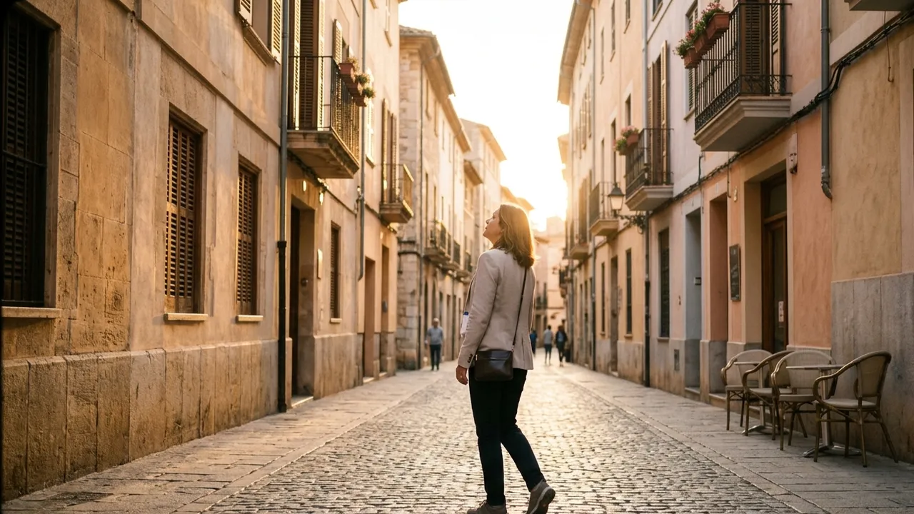 Golden hour in a narrow cobbled old town lane with sandstone and pastel facades, wooden shutters and flower boxes: a woman in a light blazer with a conference badge on her jacket and a small shoulder bag strolls alone and looks up at the buildings, empty café chairs on the right and a few distant pedestrians in the backlight