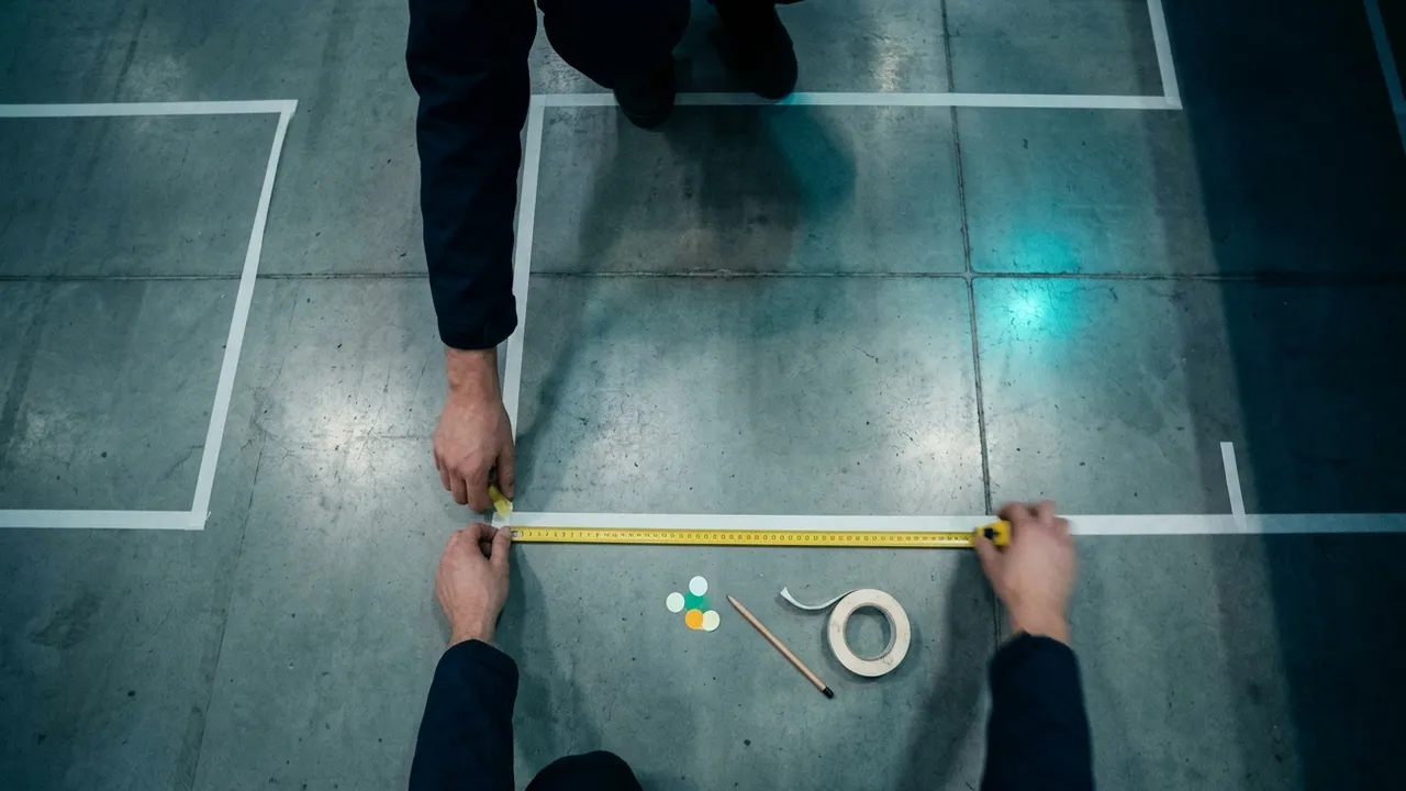 Top-down view of the concrete floor of an empty exhibition hall in cool blue evening light: two people in dark jackets crouch and stretch a yellow tape measure along white floor tape that marks out booth outlines, with a pencil, a roll of tape and a few coloured adhesive dots beside it