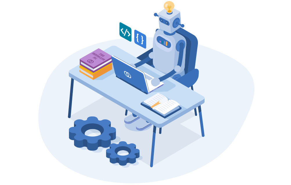 little robot sitting at a desk and acting as the converve business matchmaking software mascot