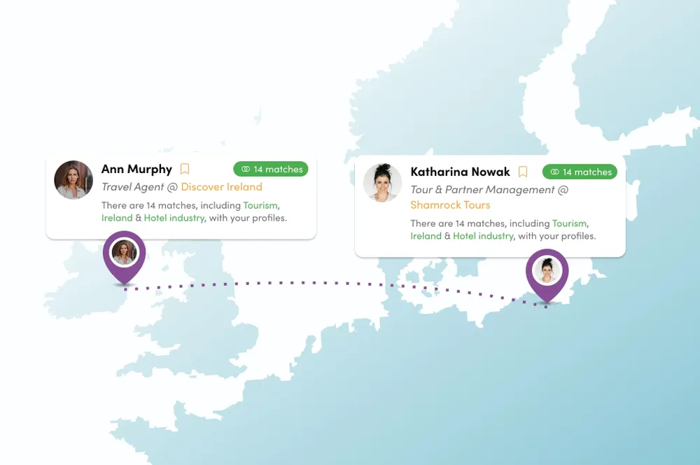 map of europe showing two profiles of an event tourism platform with business matchmaking