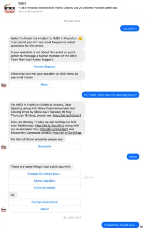 Example chat with the IMEX chatbot Frank