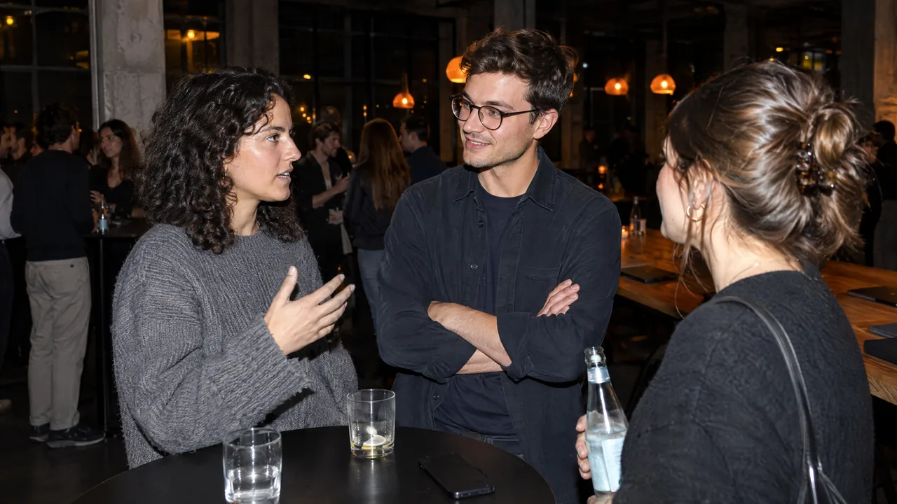 Three young founders talk at a tall table during an evening mixer in a converted industrial hall, one explaining an idea while the others listen, warm pendant lights behind