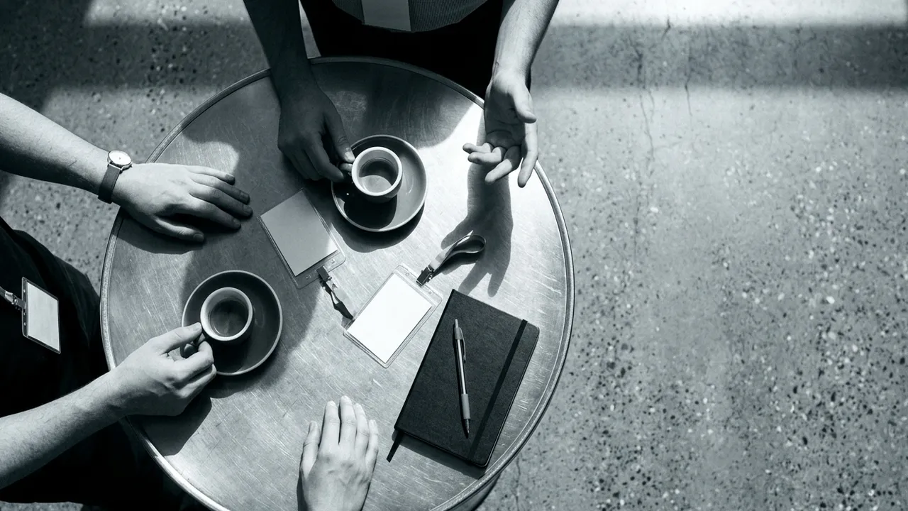 Top-down view of a small round table during a conference break: hands in mid-conversation around espresso cups, badges and a closed notebook in hard midday light.