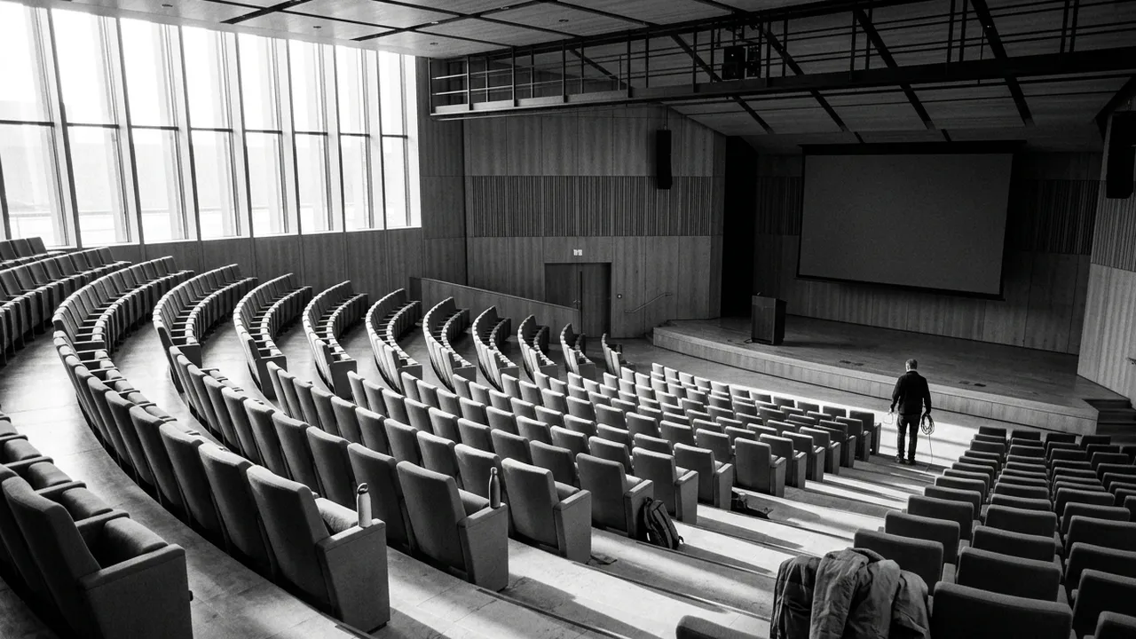 Black and white wide view from the upper rows of an empty congress auditorium after the event: curved rows of seats, a water bottle, a backpack and a jacket left behind, a bare stage with a lectern and a blank screen, tall windows on the left, and a single technician seen from behind coiling a cable near the stage
