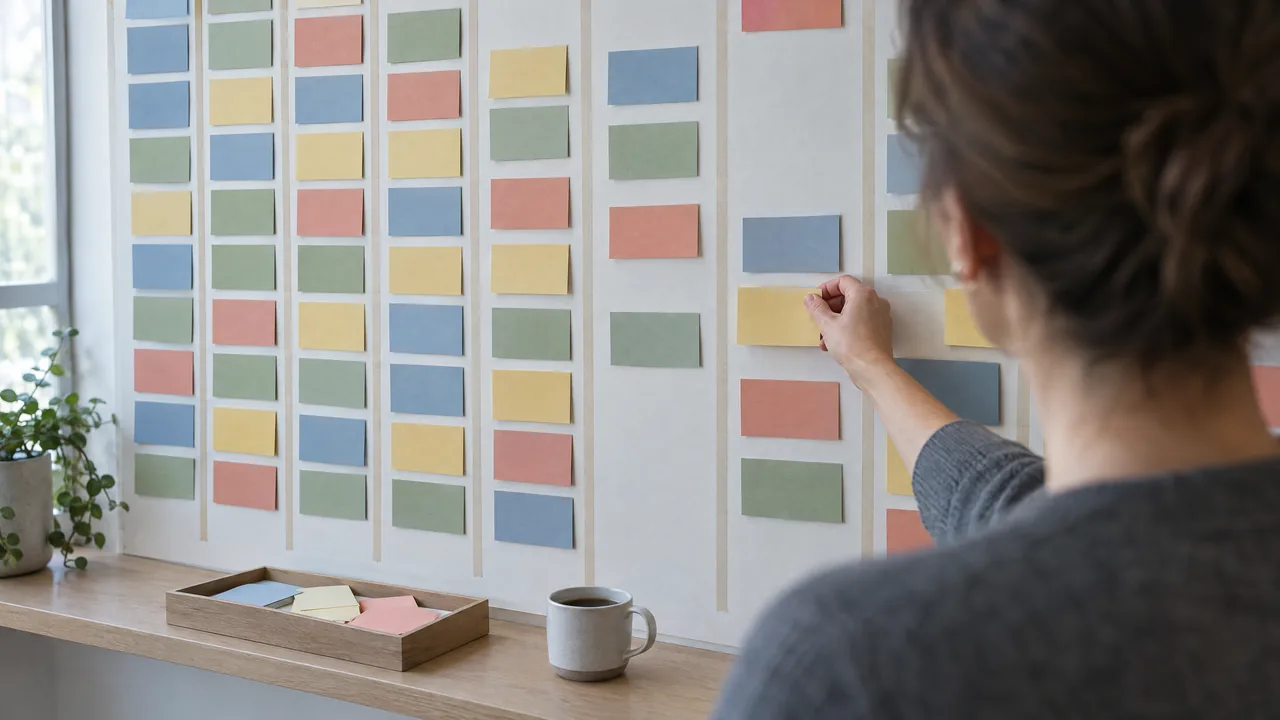 Over-the-shoulder view of a congress planner pinning a coloured card onto a large wall planning board filled with blank cards in four colours