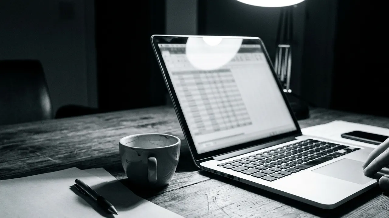 Black and white close-up of a laptop on a worn wooden desk late at night, its screen showing a blurred spreadsheet under the glare of a desk lamp, with an empty coffee cup, a pen on blank sheets and a hand resting near the trackpad