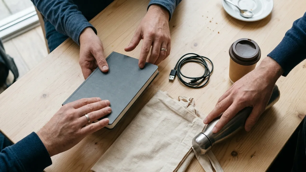 View from above onto a pale wooden table during a conference coffee break: several hands sort a few plain, unbranded items, a dark grey hardcover notebook, a folded natural cotton tote bag, a coiled charging cable and a stainless steel water bottle, next to a paper coffee cup and a saucer