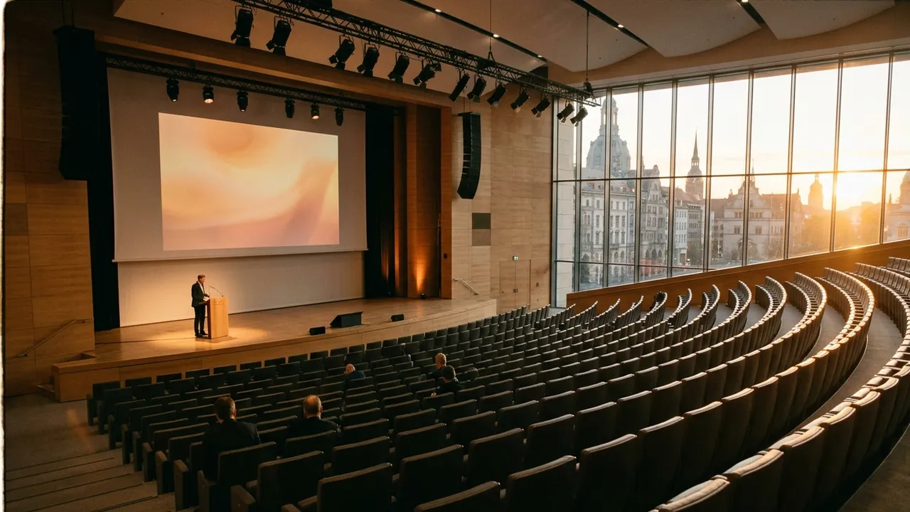Wide view from the back of a large congress auditorium at golden hour: curved rows of empty seats, a few early delegates, a speaker at a lectern on a lit stage below a lighting rig, and a glass wall showing a historic European skyline with domes and spires