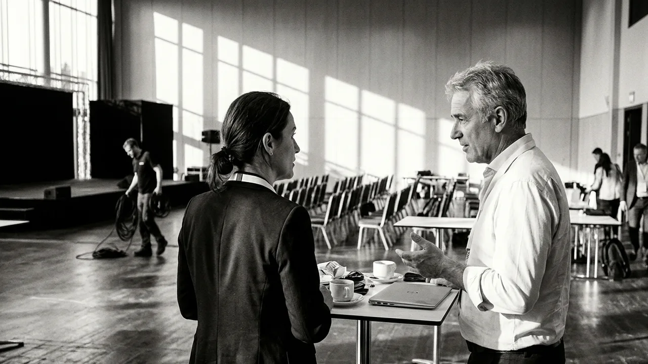 Black and white photo after a customer conference: a woman in a dark blazer and a grey-haired man in a white shirt talk at a high table with coffee cups and a closed laptop, empty rows of chairs in hard window light behind them and a technician coiling cables by the stage