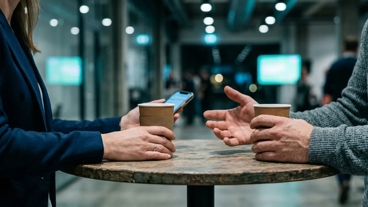 Nahaufnahme an einem runden Stehtisch in einer abendlich gedämpft beleuchteten Startup-Konferenz: Eine Frau im dunkelblauen Blazer hält einen Kaffeebecher aus Pappe und ein Smartphone, ein Mann im grauen Strickpullover gestikuliert mit offener Hand und hält seinen eigenen Becher, im Hintergrund unscharfe Teilnehmende und türkis leuchtende Bildschirme.