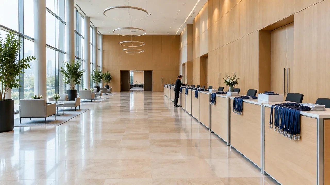 Wide view of a bright congress centre foyer in the morning before opening, with registration counters being prepared, a pale sandstone floor, light wood panels and one staff member small in the distance