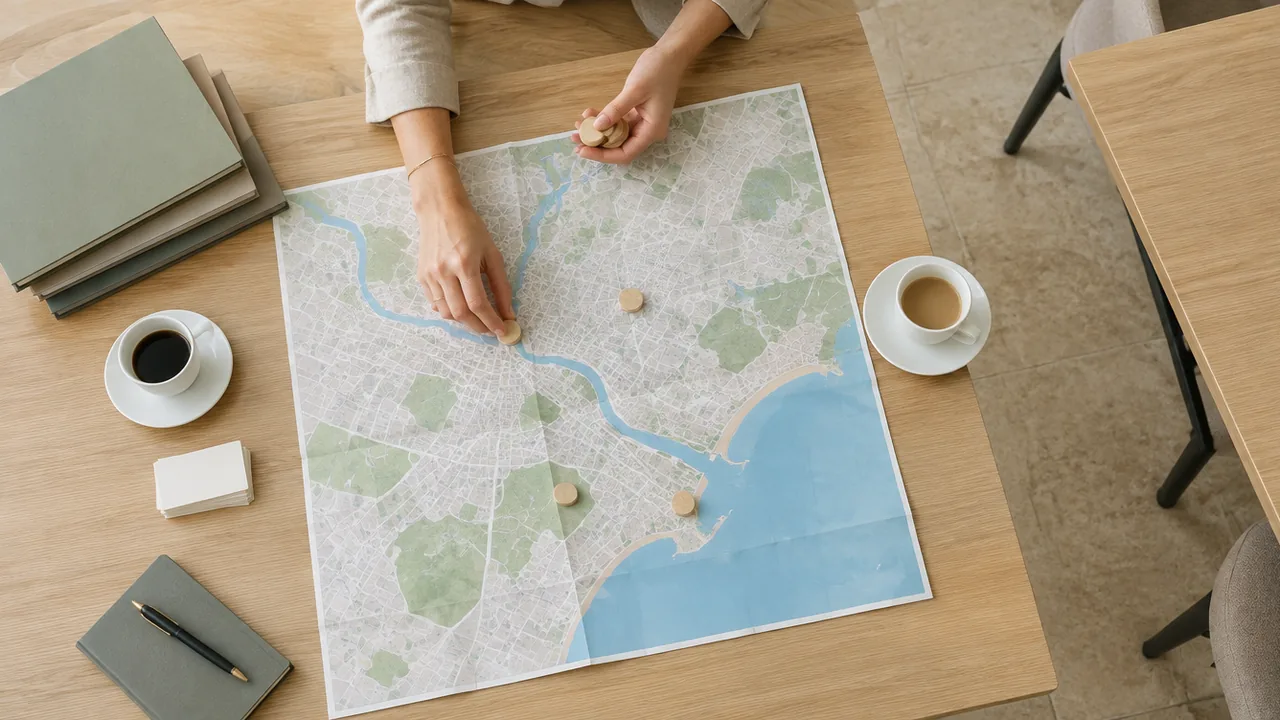 Overhead view of a pale oak table where two hands place wooden markers on an unlabelled city map, with sage folders, face-down business cards and coffee cups before a partner workshop