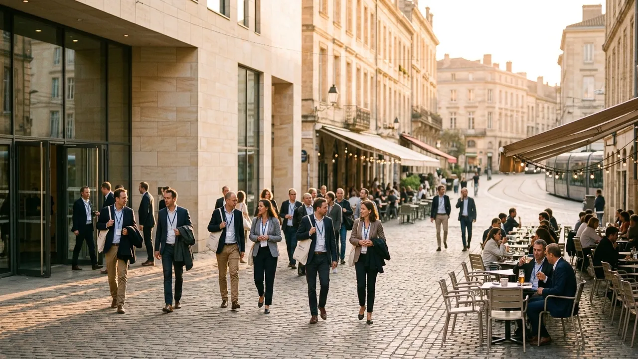 Wide street view in warm golden evening light: conference delegates with lanyards and tote bags walk out of a sandstone and glass congress centre onto a cobbled old-town square, while others already sit at outdoor cafe tables under awnings and string lights, with a tram in the soft background
