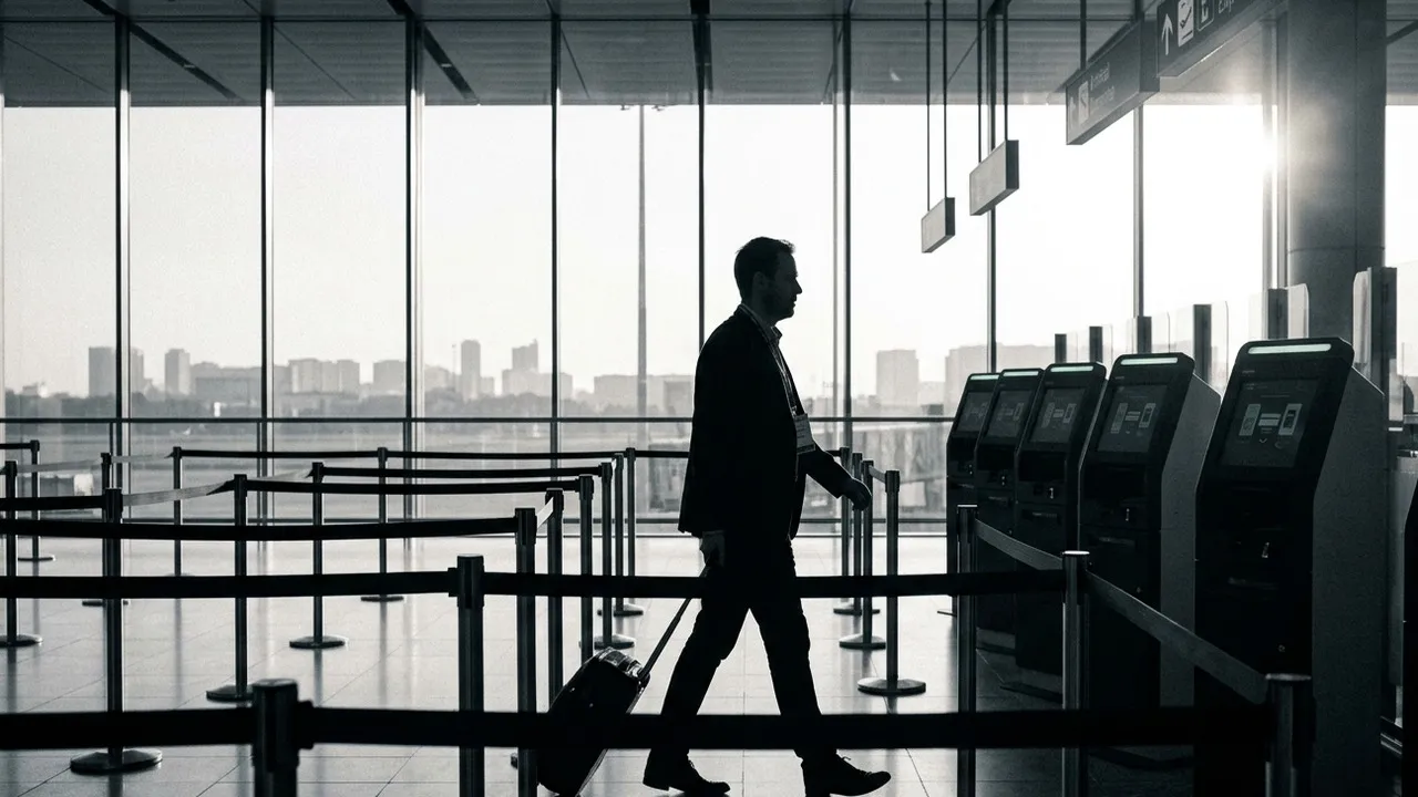 Side silhouette of a business traveller with a rolling suitcase and conference lanyard walking past a row of self-service border kiosks in a backlit airport arrival hall at sunrise