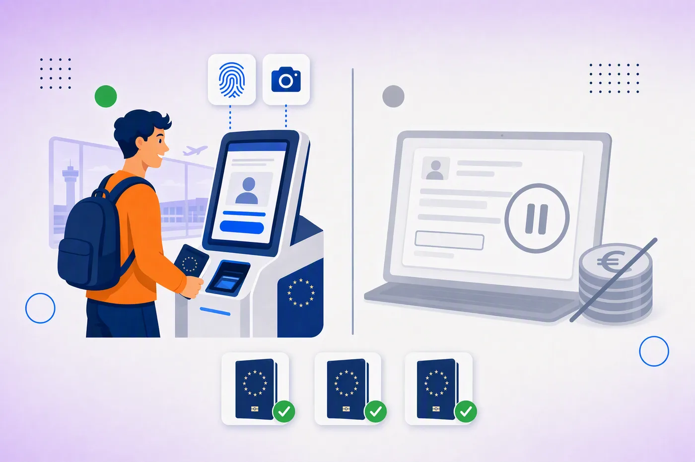 EES and ETIAS side by side: a traveller registering fingerprints and photo at a live border kiosk on the left, a greyed-out paused online application with a crossed-out fee on the right, and three exempt EU passports with green check marks below