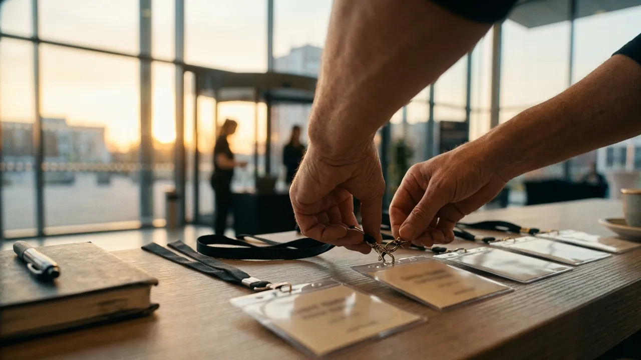 Hands of an event organiser preparing name badges and lanyards at a registration counter in warm morning light before doors open