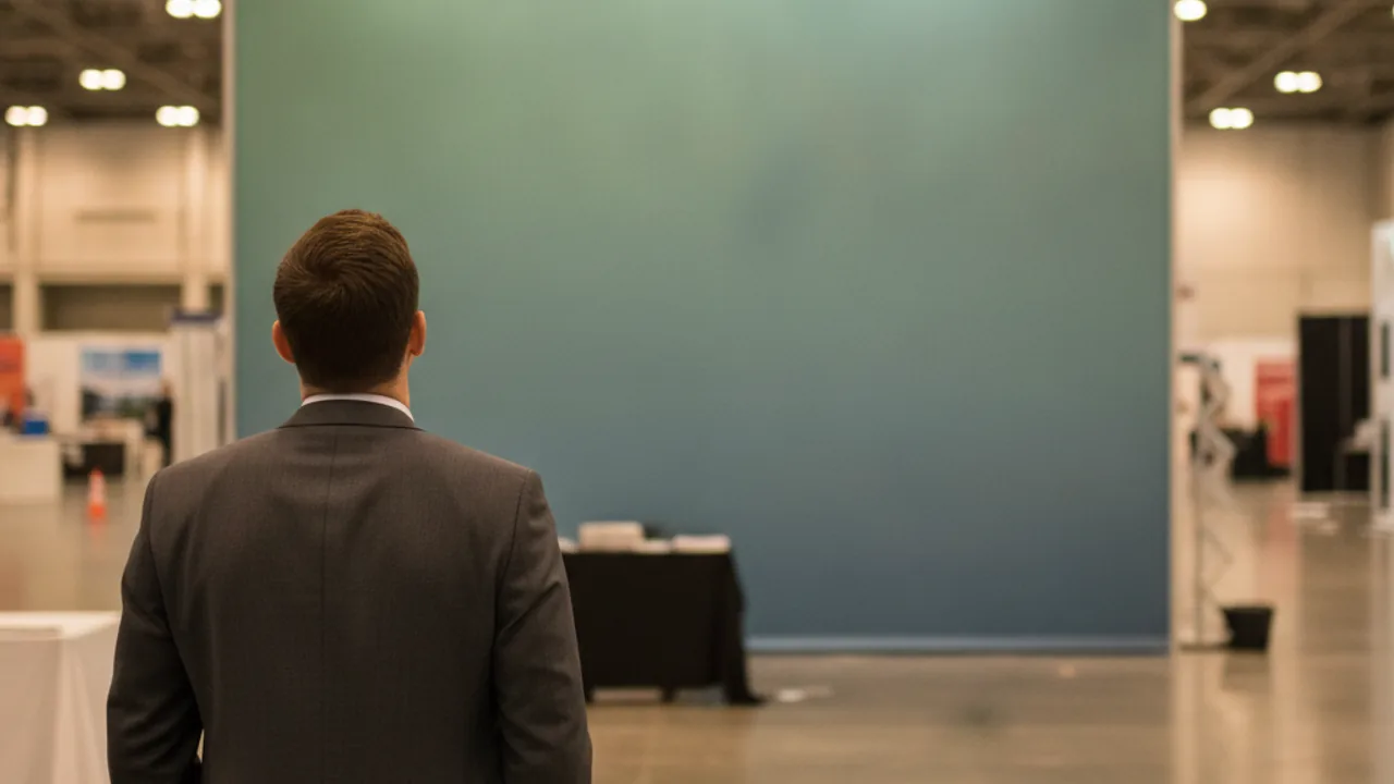 View past the shoulder of a person standing in a quiet exhibition hall after the show, looking up at a large fabric banner wall on a destination stand.