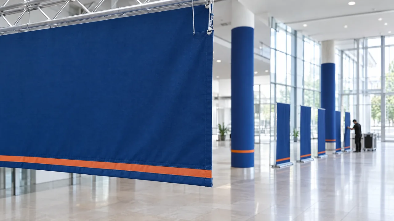 Blue fabric banner with an orange stripe hangs from a truss, matching column wraps and stands in a bright foyer