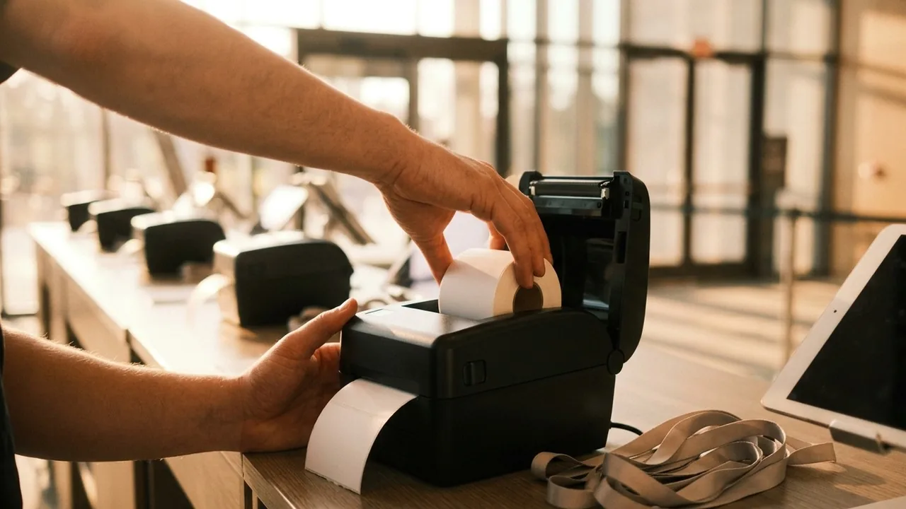 A pair of hands lowering a fresh roll of blank white label stock into an unbranded black thermal badge printer on a convention centre registration counter, with identical printers repeating out of focus along the counter behind and coiled lanyards beside it, in low morning light before doors open