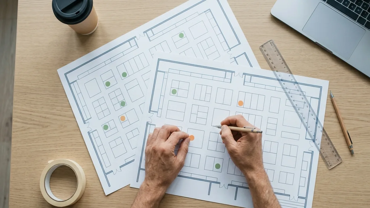 Top-down view of two printed exhibition hall floor plans with blank booth outlines on a wooden table; a planner's hands hold a pencil and press an orange sticker dot onto a booth, with green and orange dots on other booths, a transparent ruler, masking tape, a coffee cup and a laptop around the plans