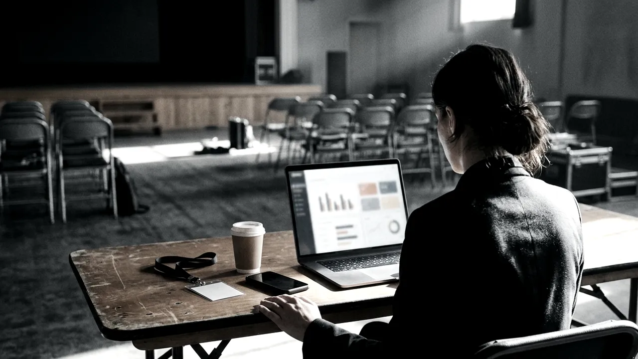 Near monochrome over the shoulder view of an event organiser at a folding table reviewing an abstract chart dashboard on a laptop in an emptied conference hall, with a coffee cup, smartphone, lanyard and blank badge on the table and stacked chairs and a bare stage in hard window light behind