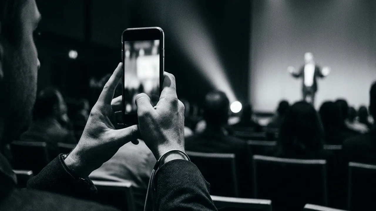 Black and white close-up from the audience of a conference: a person's hands hold a smartphone upright to film a speaker on a brightly lit stage, with the phone display, the speaker and the rows of seated attendees blurred in the background