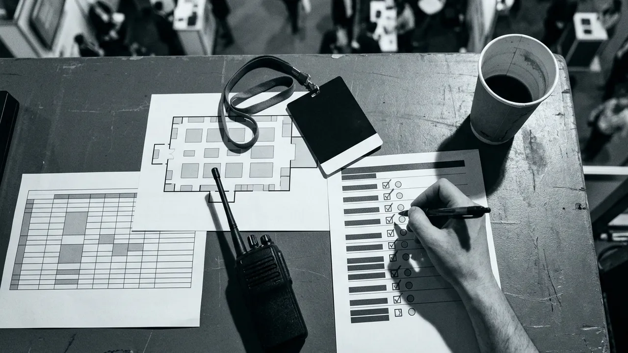 Top-down view of an event organiser's control table at a trade show: a hand ticking a checklist beside a floor plan, schedule grid, two-way radio, badge and coffee cup, with the busy hall below