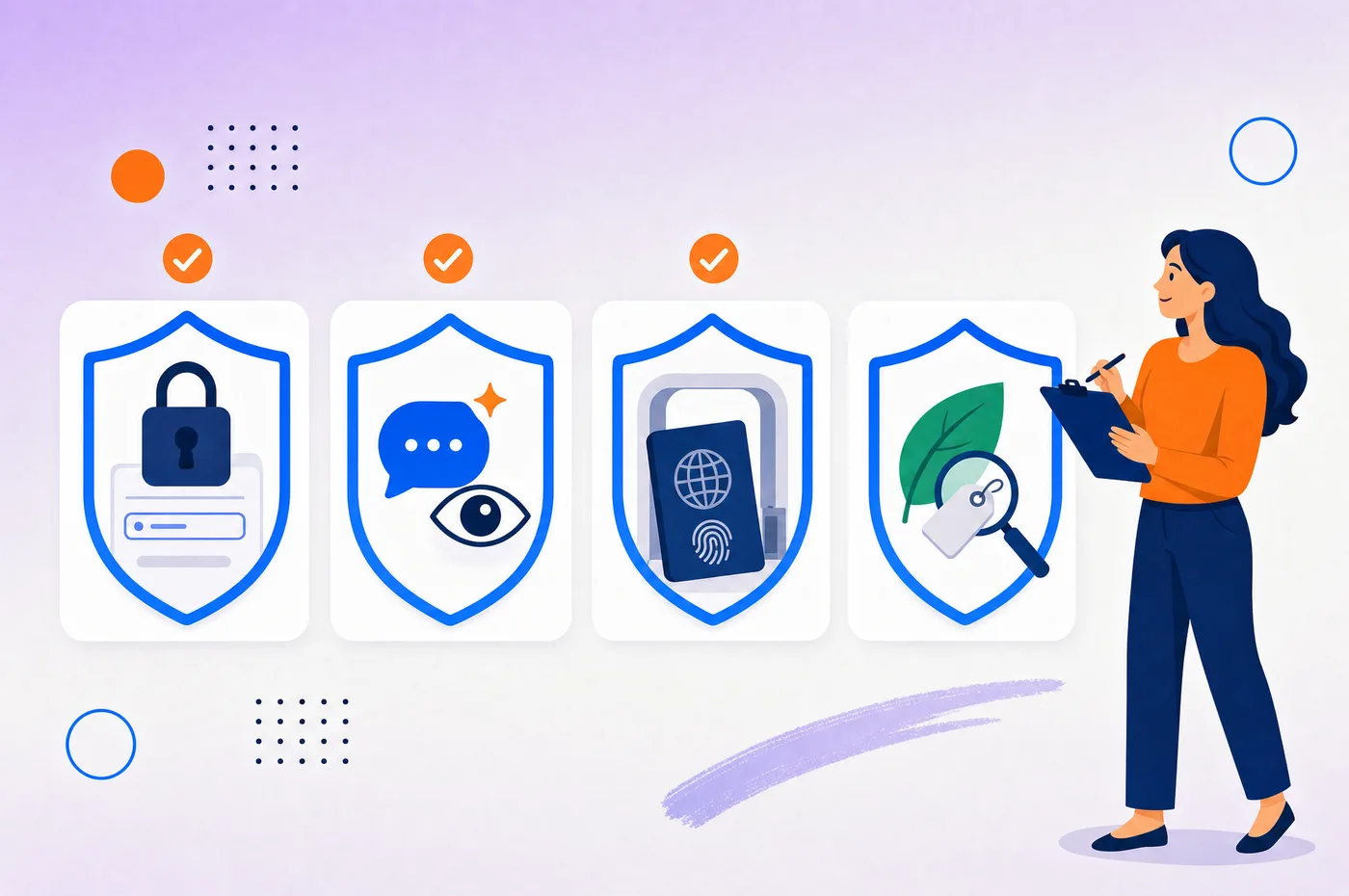 The four 2026 compliance topics as shields: data protection with a padlock over a form, AI transparency with a chat bubble and eye, border logistics with a passport and fingerprint, and green claims with a leaf under a magnifier
