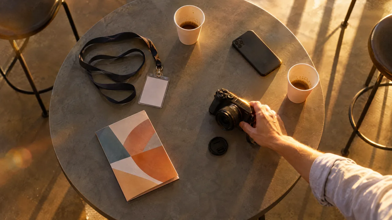 Hand reaches for a camera on a standing table with lanyard, programme and coffee cups after a conference