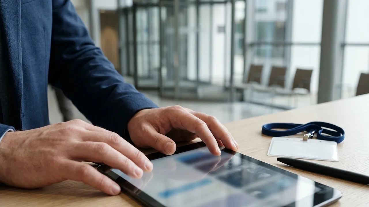 Close-up of an attendee's hands on a tablet at a light wooden registration counter, the screen blurred, with a blank badge holder, a navy lanyard and a pen beside it in a bright, empty conference foyer