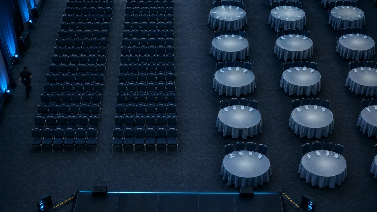 Top-down view of an empty conference hall before doors open, rows of chairs on one side and round cabaret tables with grey cloths on the other, in cool blue evening light