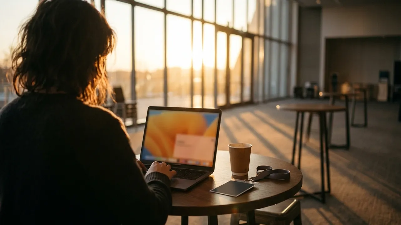 Over the shoulder view of a woman working on a laptop at a small round table in an emptied conference foyer, low golden evening sun streaming through a tall window wall, a paper coffee cup, a lanyard and a phone on the table and empty stand-up tables behind her
