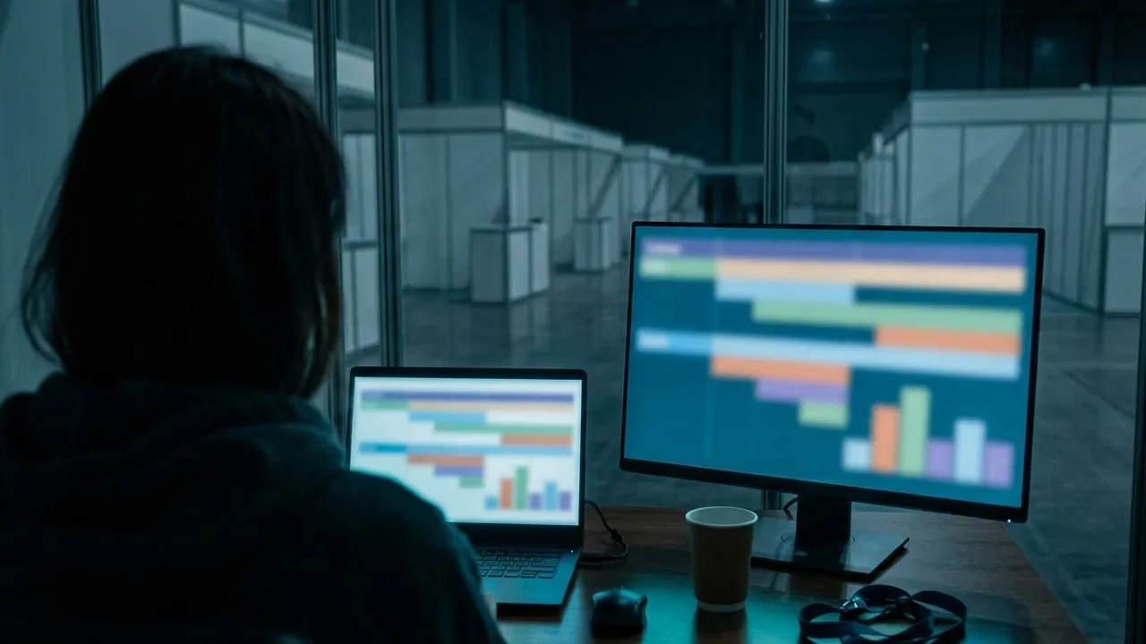 Blick über die Schulter einer Person am Schreibtisch in einem verglasten Büro am Abend: Laptop und großer Monitor zeigen unscharfe farbige Zeitplanbalken und ein kleines Balkendiagramm, daneben ein Pappbecher und ein Namensband, hinter der Glasscheibe eine leere Messehalle mit unbeleuchteten Ständen