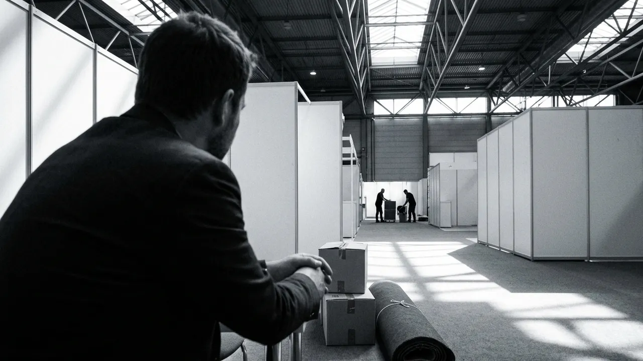 Black and white photo taken over the shoulder of an exhibitor in a dark jacket who sits alone at the edge of a bare white stand after the show, looking down an empty trade fair aisle with stacked boxes and a rolled carpet beside him, while two people pack up a stand in the distance under a steel roof with skylights