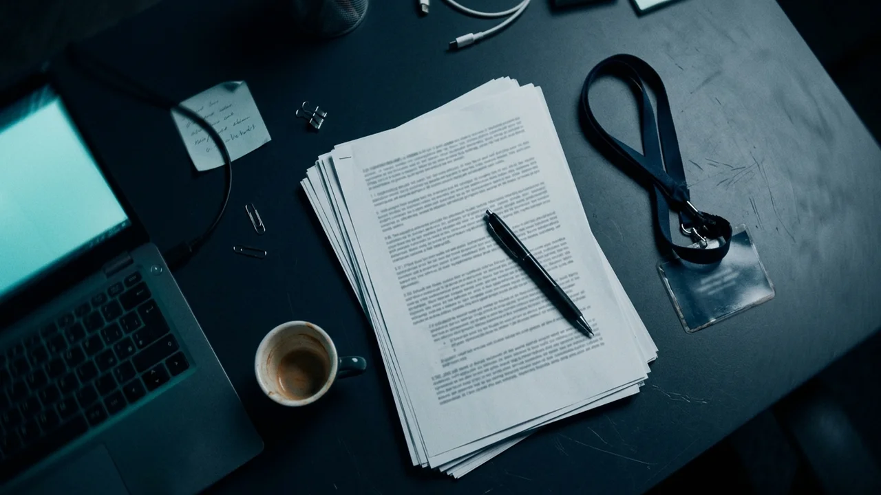 Top-down view of an event organiser's desk at night: a printed contract stack with a pen, a lanyard with badge beside it, a laptop screen glowing over the papers
