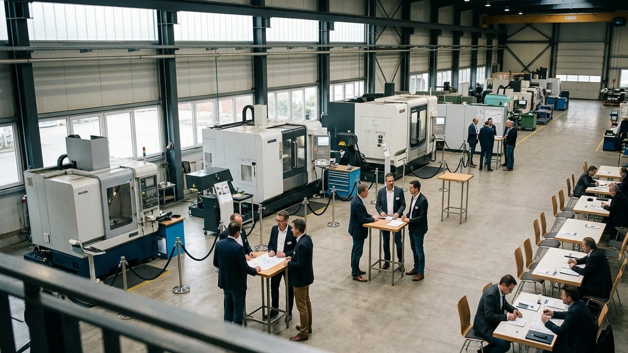 Blick von der Galerie in eine Werkshalle während einer Hausmesse: Kunden und Vertrieb an Stehtischen zwischen abgesperrten Maschinen, seitlich eine Reihe vorbereiteter Termintische